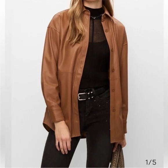 New Joseph Ribkoff | Tan Beige Button Down Vegan Leather Faux Leather Overshirt - Picture 6 of 9